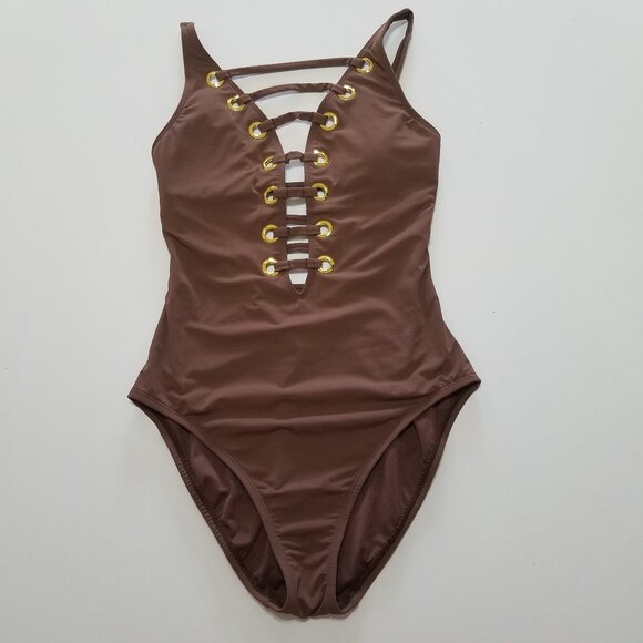 Bleu Rod Beattie Hole In One Plunge One Piece Swimsuit Brown/Gold Size 4 - Picture 1 of 10